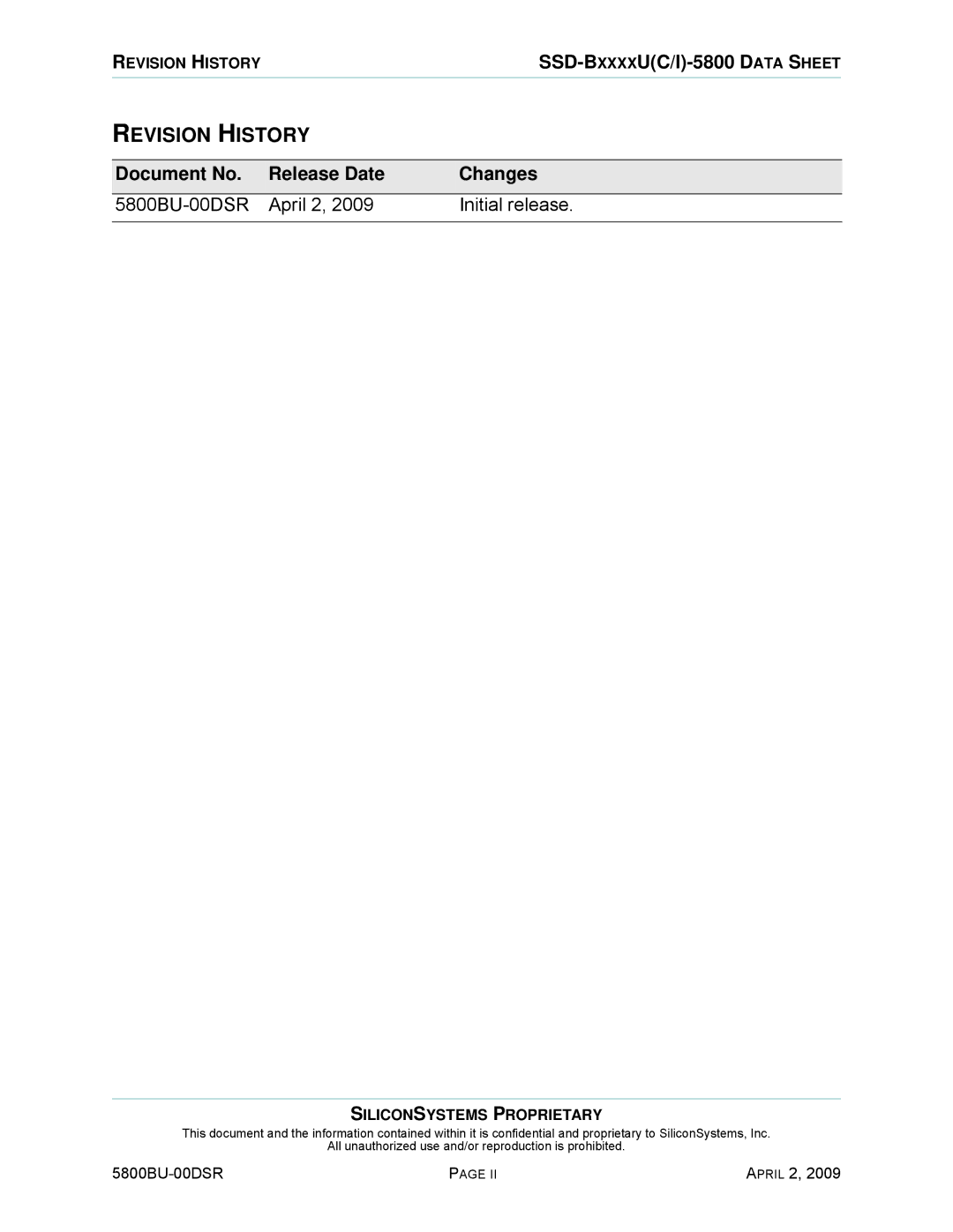 Silicon Image manual Revision History, Document No Release Date Changes, 5800BU-00DSR April 2 Initial release 