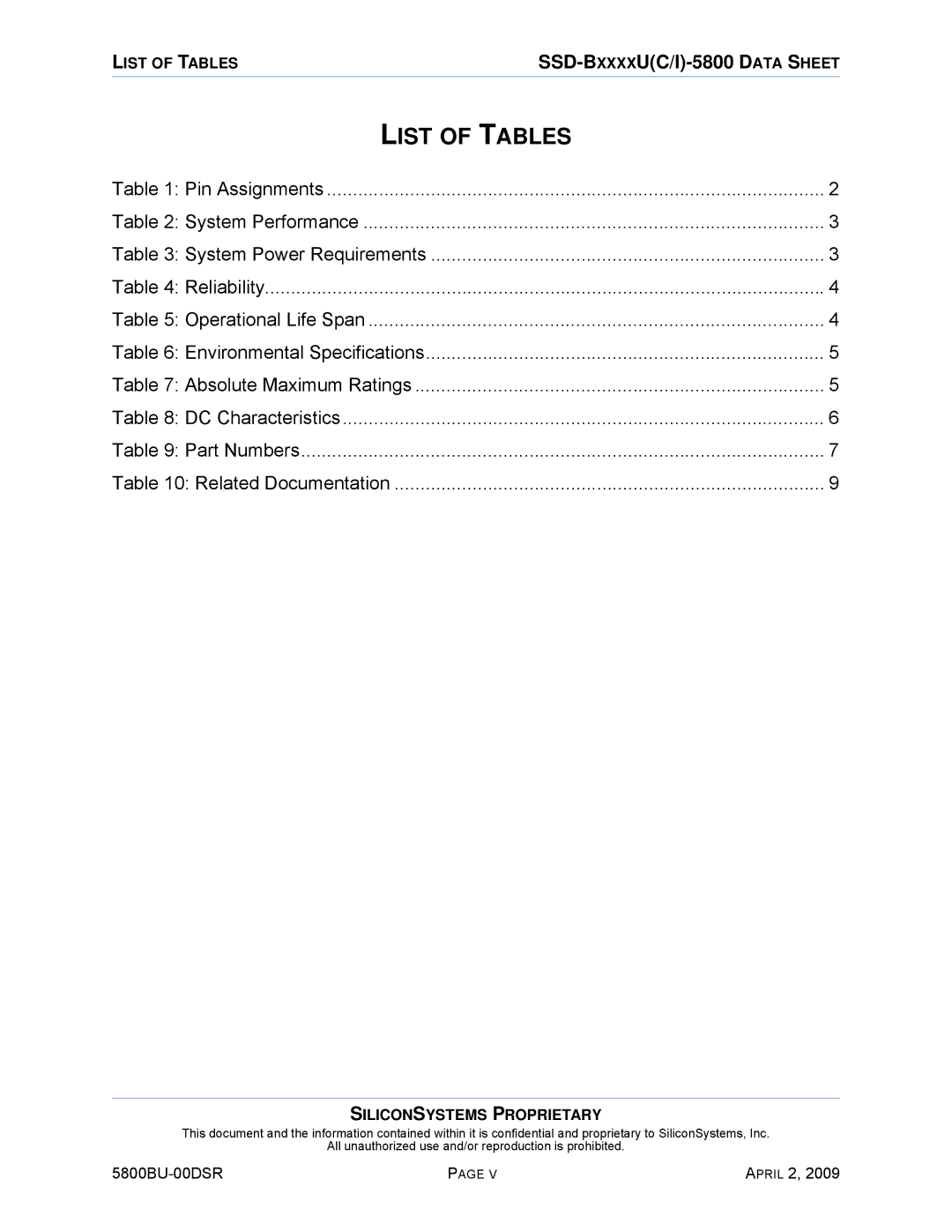 Silicon Image 5800BU-00DSR manual List of Tables 