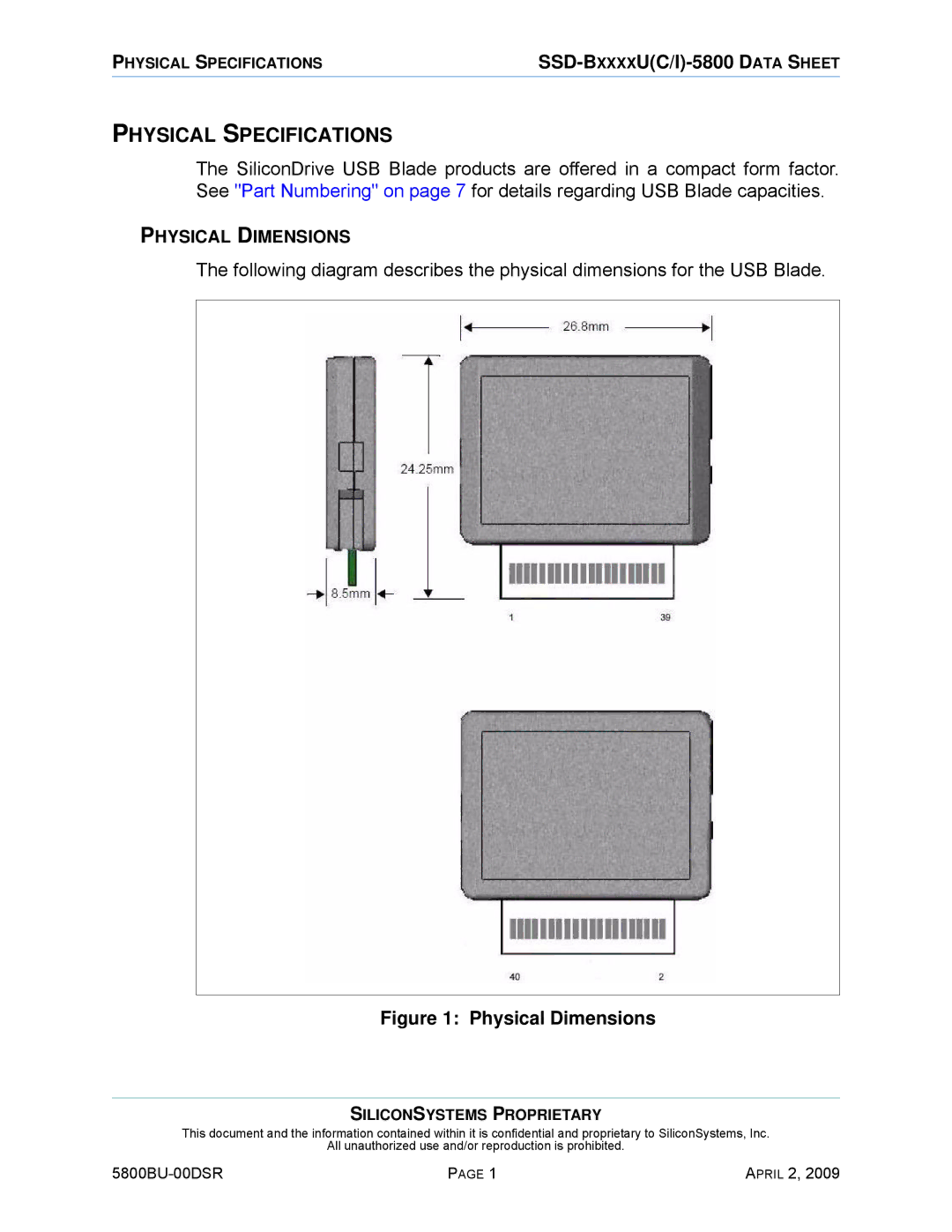 Silicon Image 5800BU-00DSR manual Physical Specifications, Physical Dimensions 