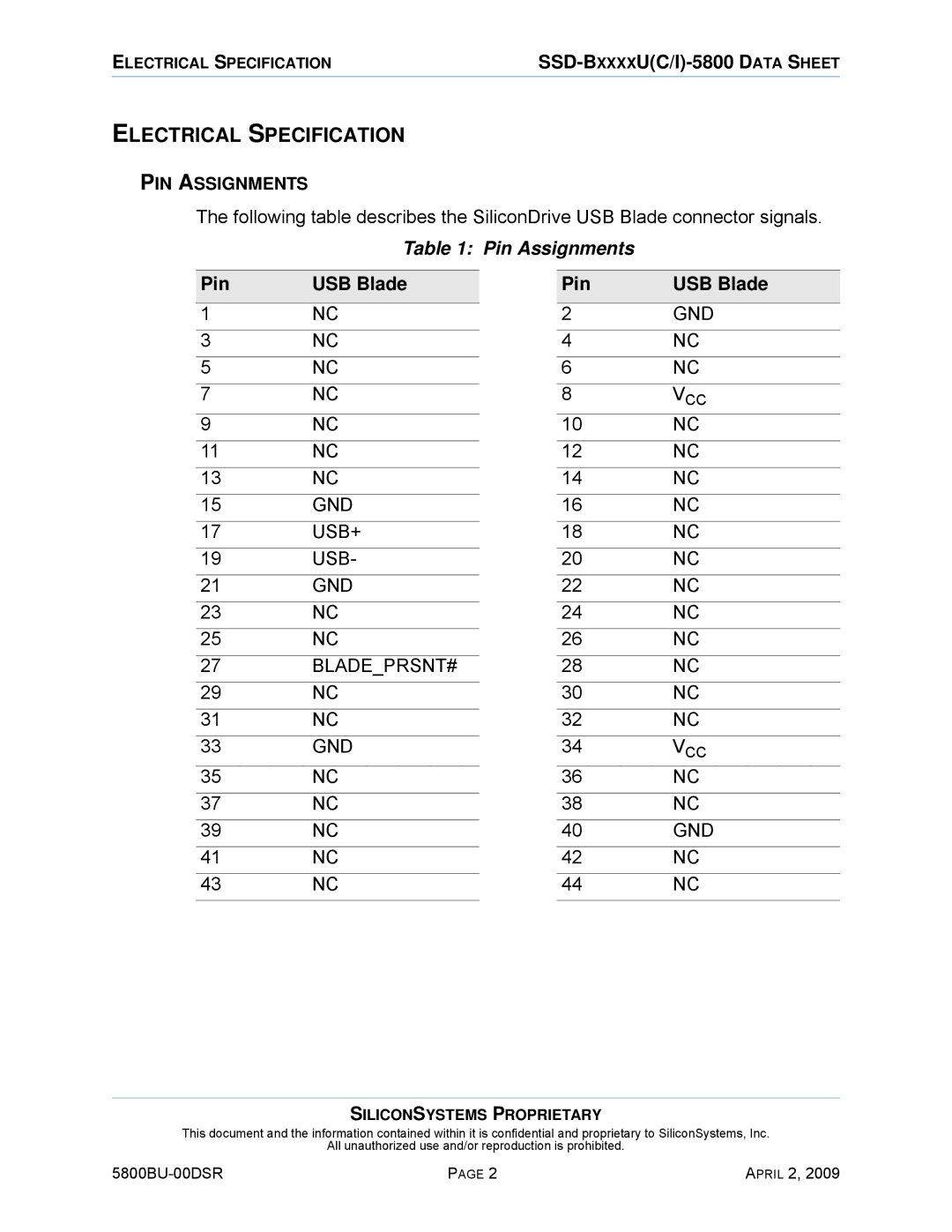 Silicon Image 5800BU-00DSR manual Electrical Specification, Pin Assignments, Pin USB Blade, 42 NC 44 NC 