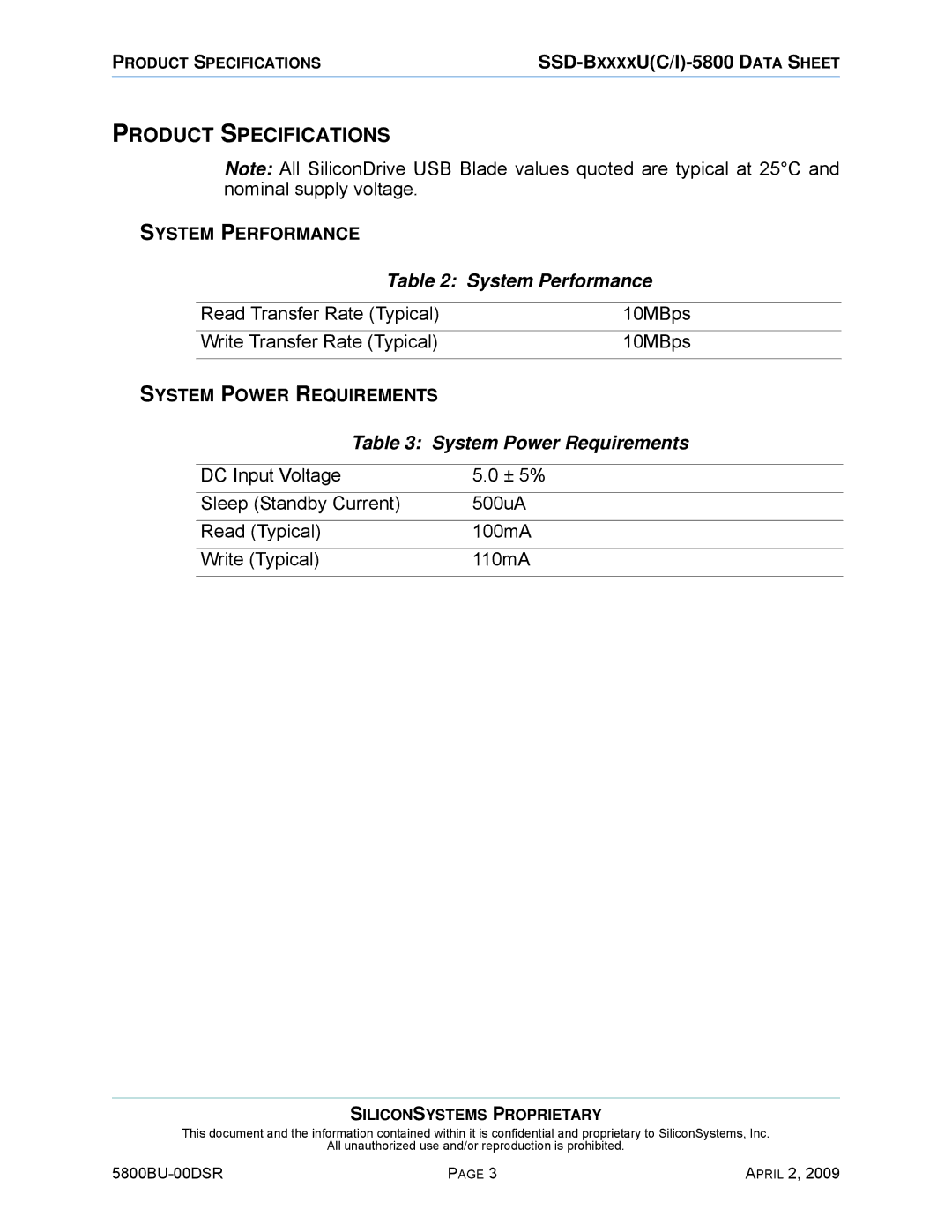 Silicon Image 5800BU-00DSR manual Product Specifications, System Performance, System Power Requirements 