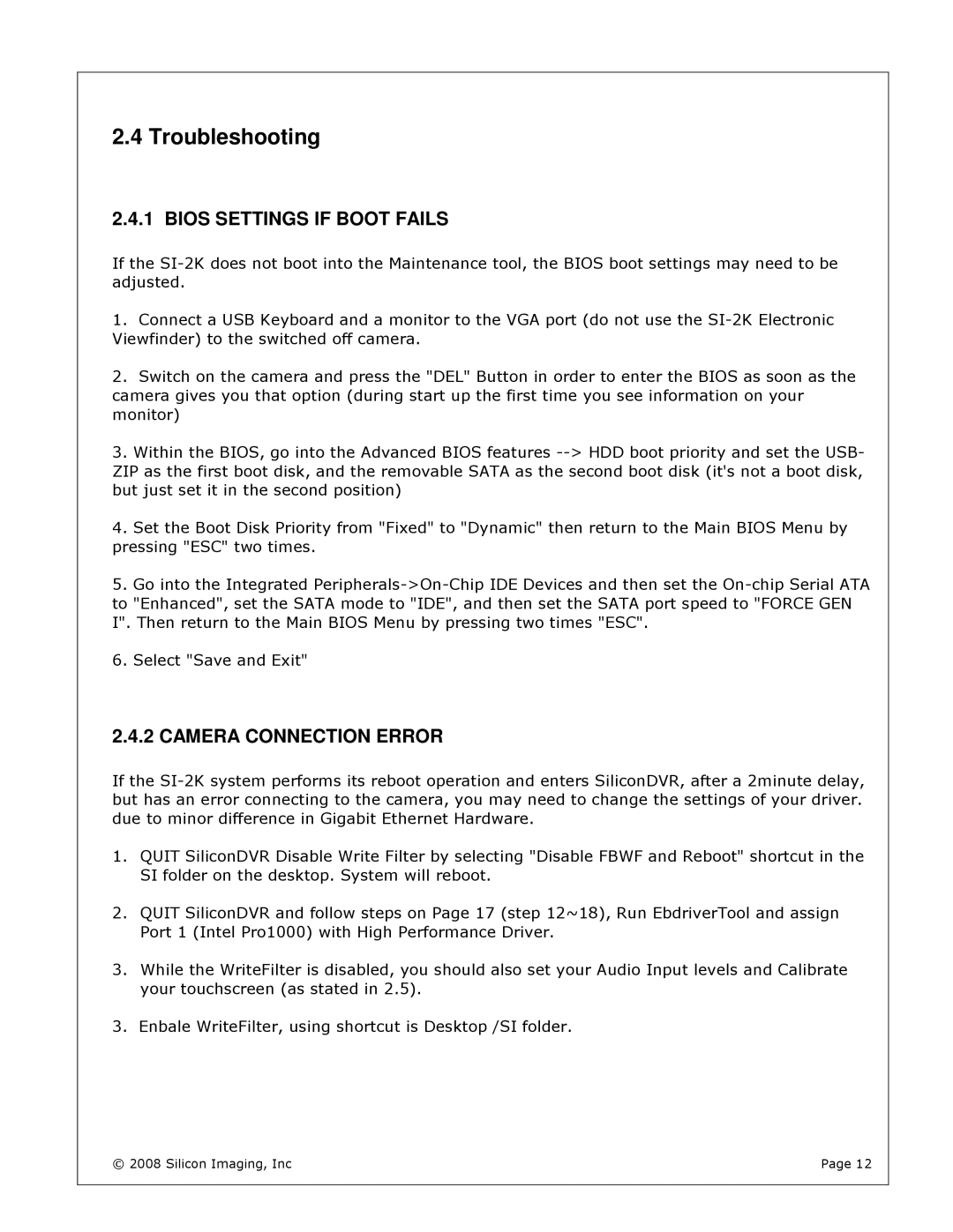 Silicon Image s1-2k install manual Troubleshooting, Bios Settings if Boot Fails 