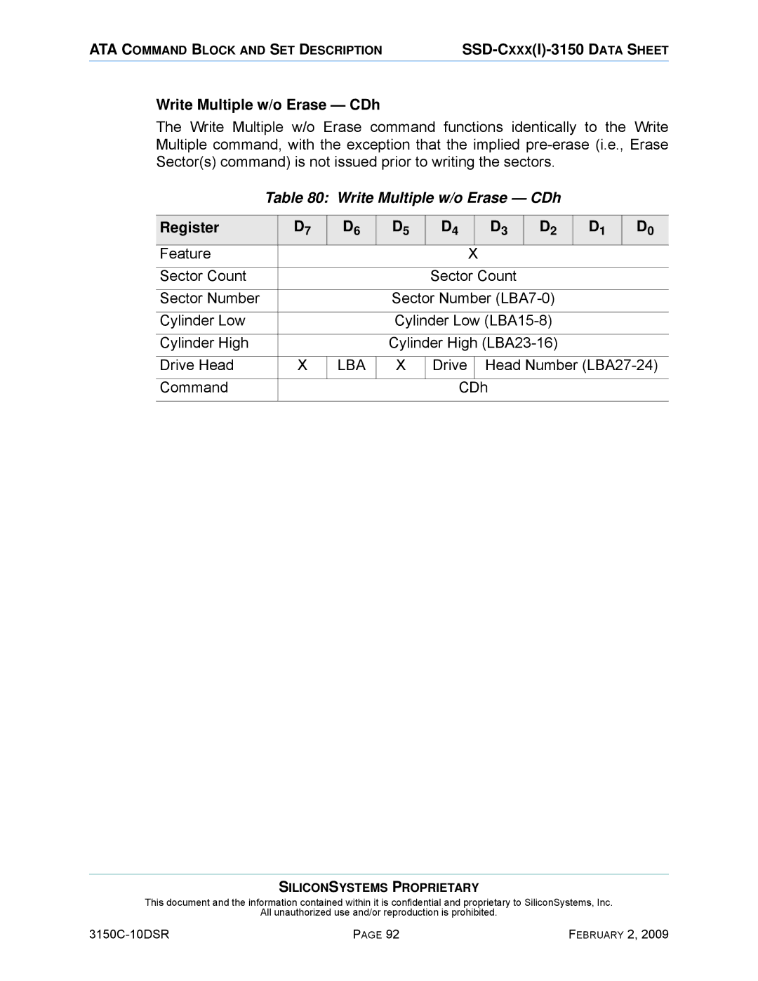 Silicon Image SSD-C08G(I)-3150 manual Write Multiple w/o Erase CDh, Drive Head Number LBA27-24 Command CDh 