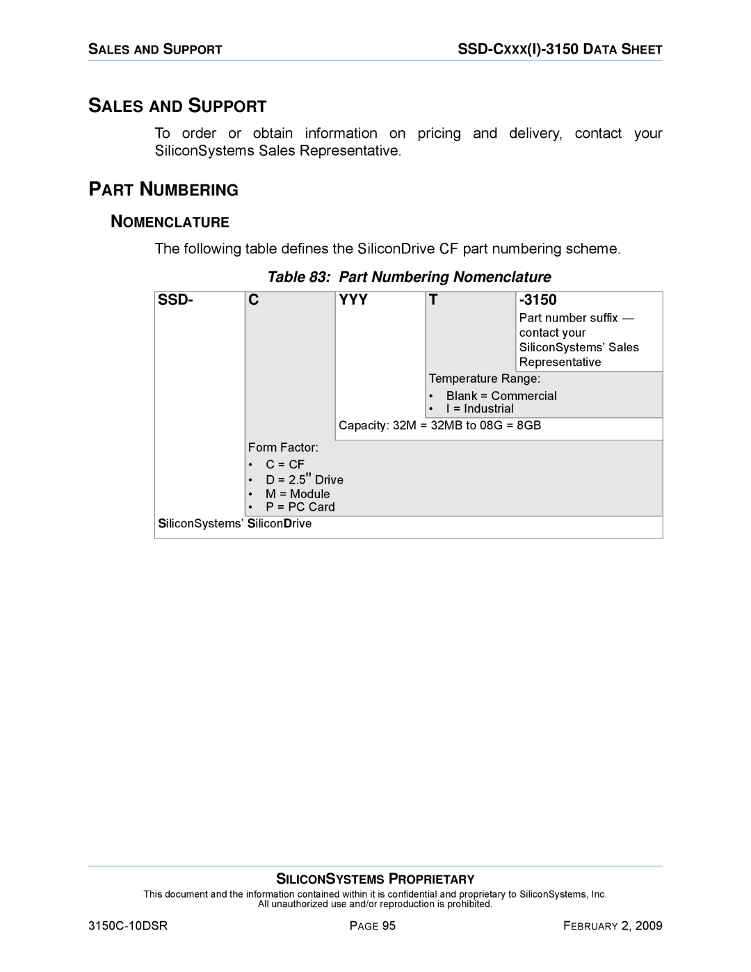 Silicon Image SSD-C08G(I)-3150 manual Sales and Support, Part Numbering Nomenclature, Ssd Yyy 
