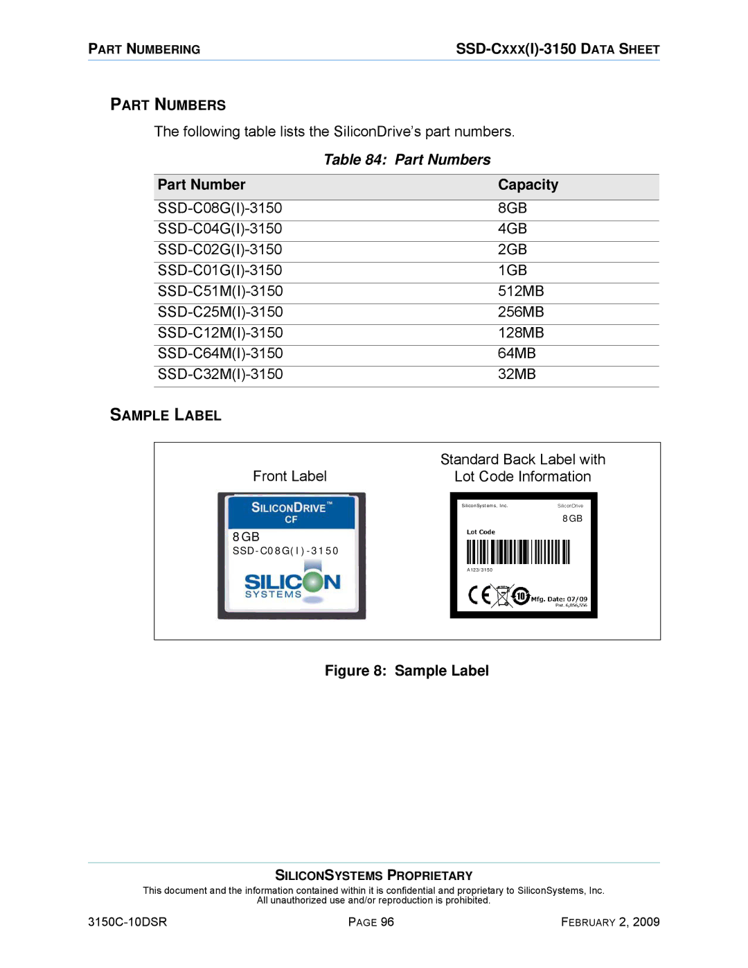 Silicon Image SSD-C08G(I)-3150 manual Part Numbers, Part Number Capacity 