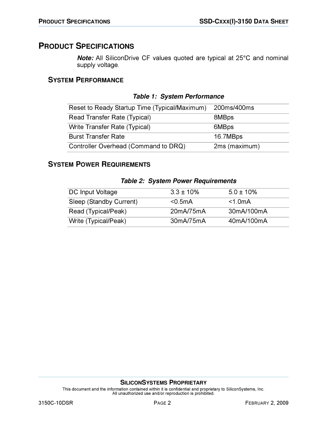 Silicon Image SSD-C08G(I)-3150 manual Product Specifications, System Performance, System Power Requirements 