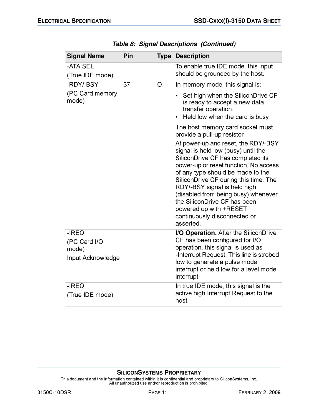 Silicon Image SSD-C08G(I)-3150 manual Ata Sel, Rdy/-Bsy, Ireq 