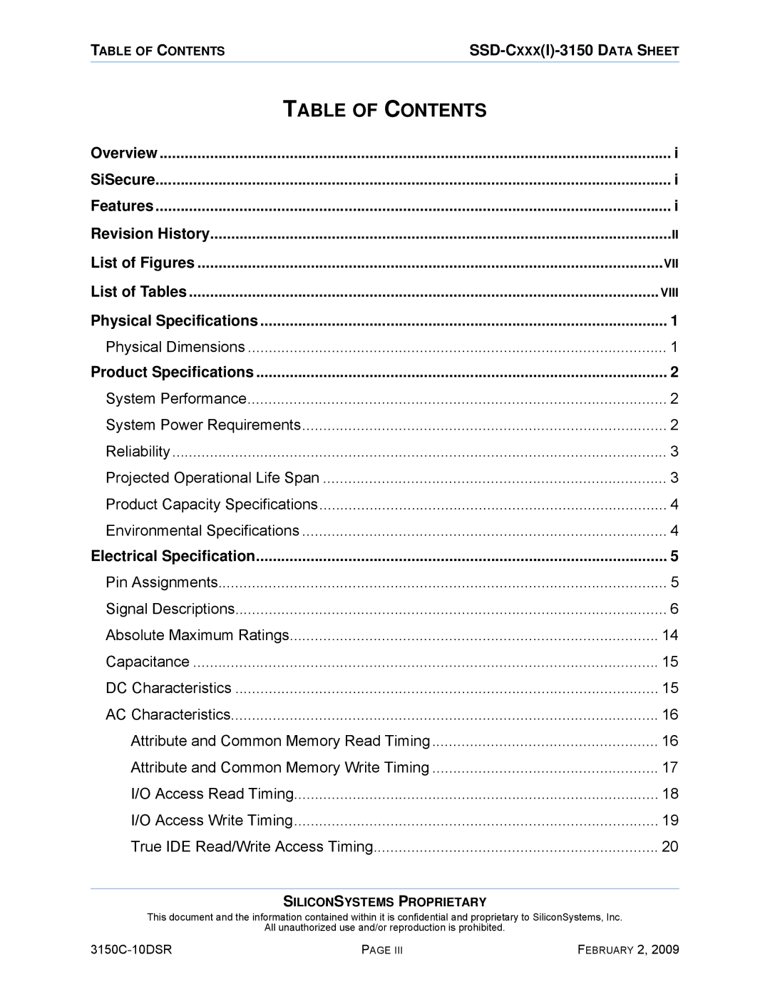 Silicon Image SSD-C08G(I)-3150 manual Table of Contents 