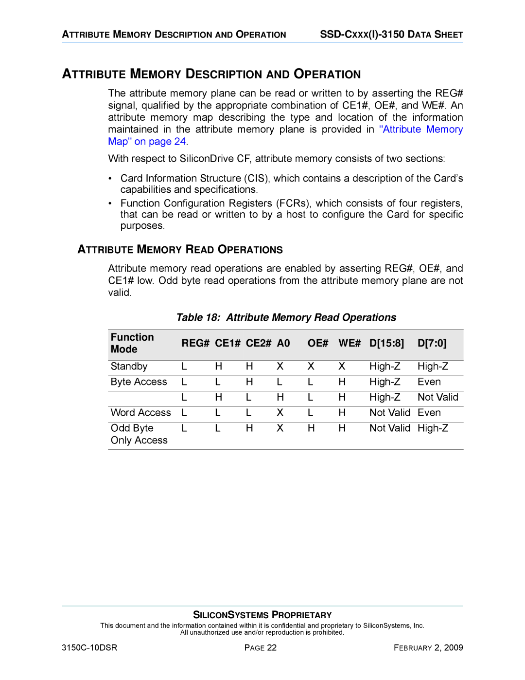 Silicon Image SSD-C08G(I)-3150 manual Attribute Memory Description and Operation, Attribute Memory Read Operations, Oe# We# 