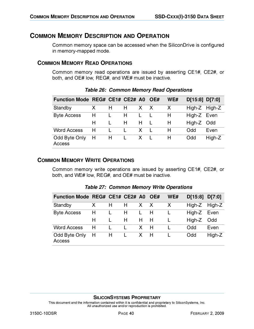 Silicon Image SSD-C08G(I)-3150 manual Common Memory Description and Operation, Common Memory Read Operations, Reg# 