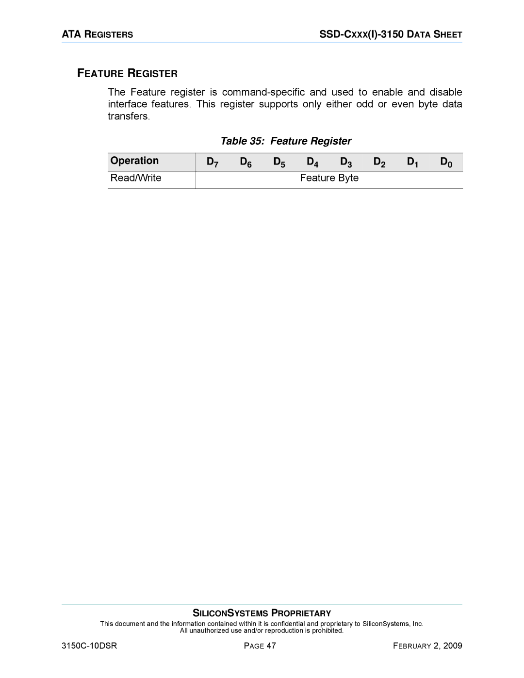 Silicon Image SSD-C08G(I)-3150 manual Feature Register, Operation, Read/Write, Byte 