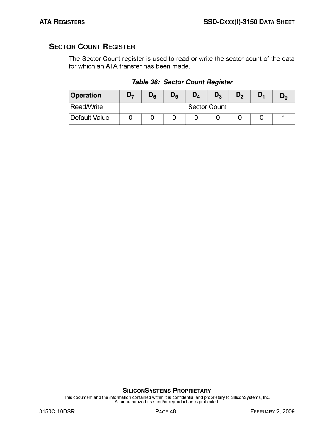 Silicon Image SSD-C08G(I)-3150 manual Sector Count Register, Read/Write Sector Count Default Value 