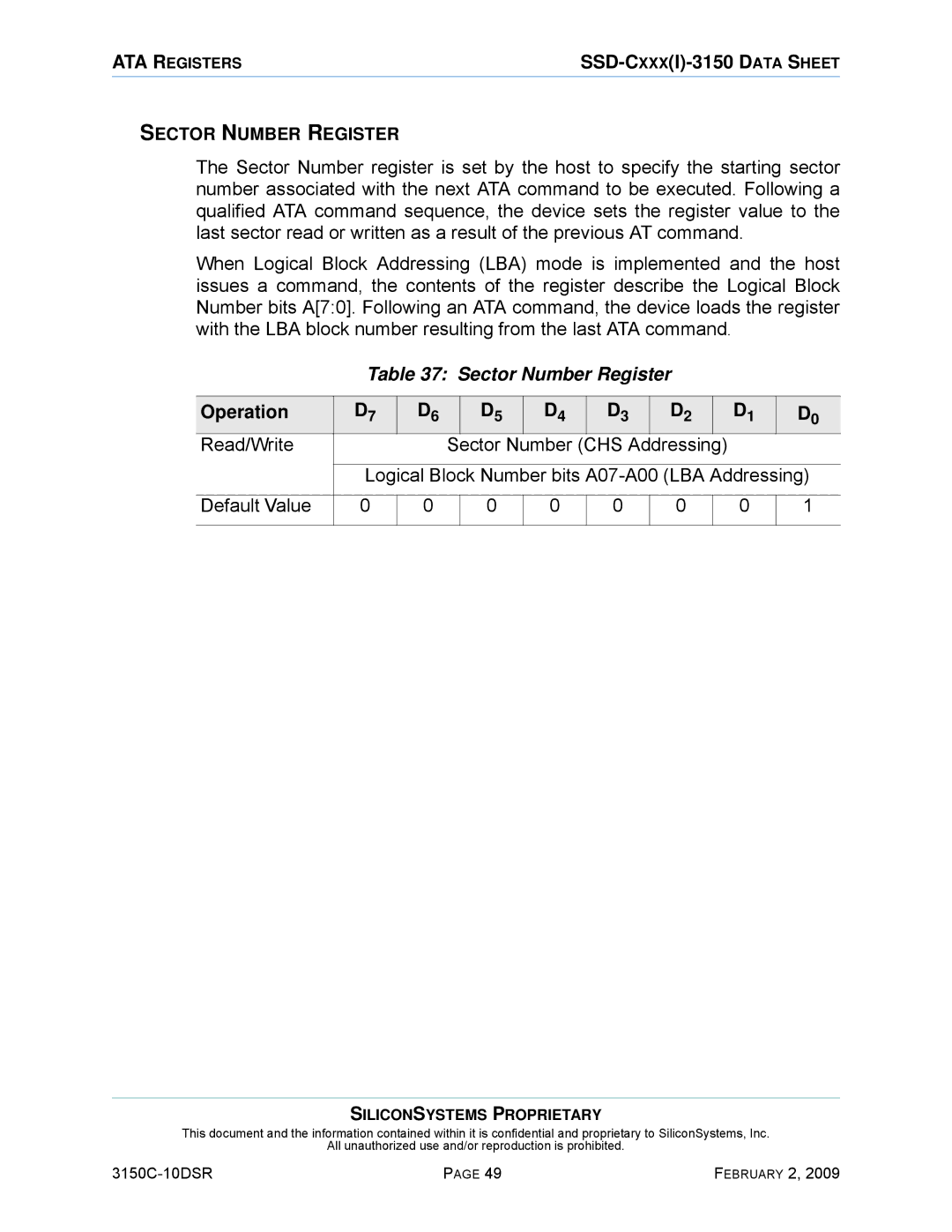 Silicon Image SSD-C08G(I)-3150 manual Sector Number Register, Logical Block Number bits A07-A00 LBA Addressing 