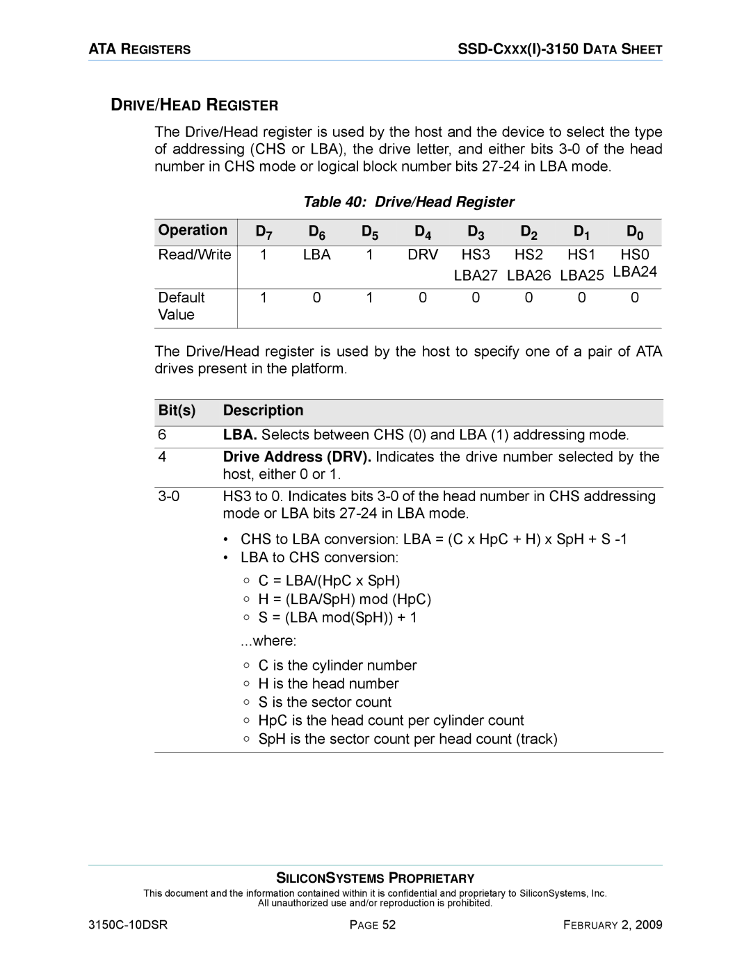 Silicon Image SSD-C08G(I)-3150 manual Drive/Head Register, HS3 HS2 HS1 HS0, LBA27 LBA26 LBA25 LBA24 
