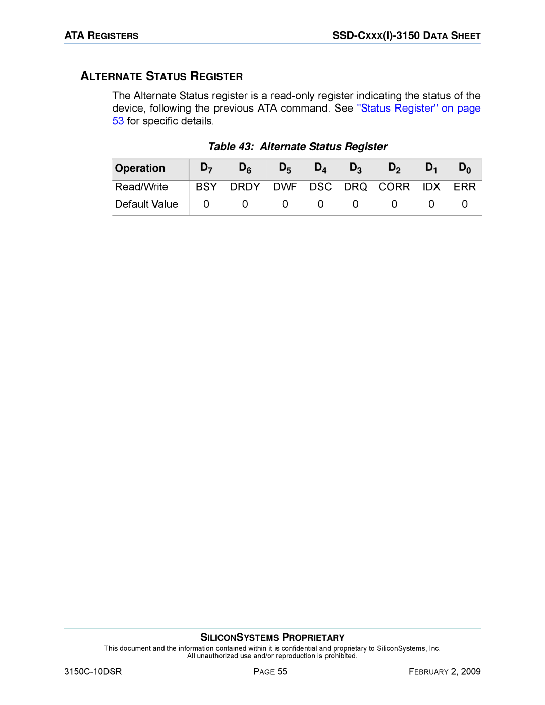 Silicon Image SSD-C08G(I)-3150 manual Alternate Status Register 