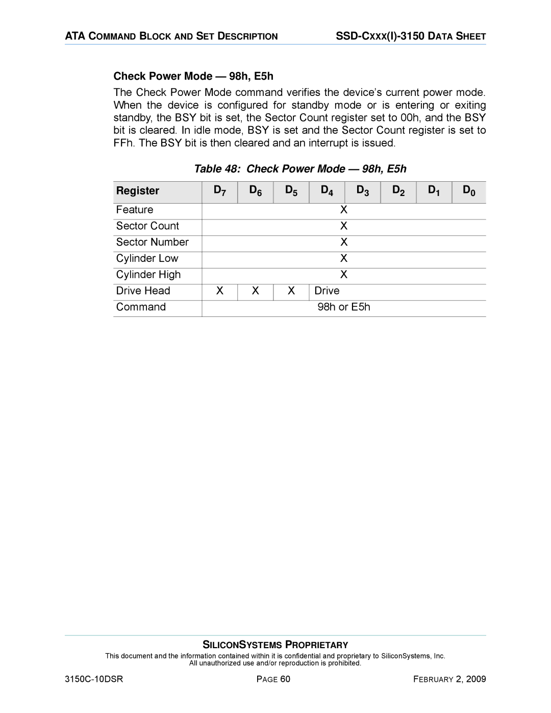 Silicon Image SSD-C08G(I)-3150 manual Check Power Mode 98h, E5h, Register 