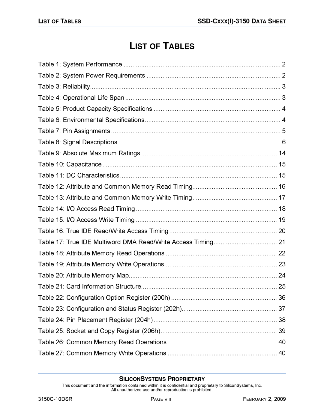 Silicon Image SSD-C08G(I)-3150 manual List of Tables 