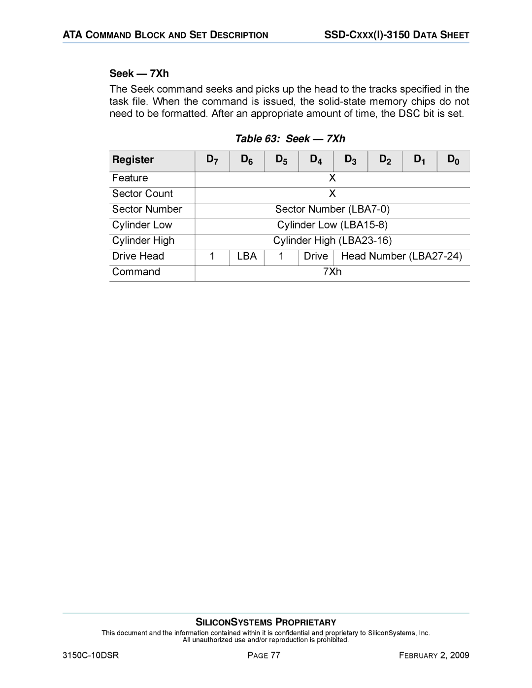 Silicon Image SSD-C08G(I)-3150 manual Seek 7Xh, Drive Head Number LBA27-24 Command 7Xh 