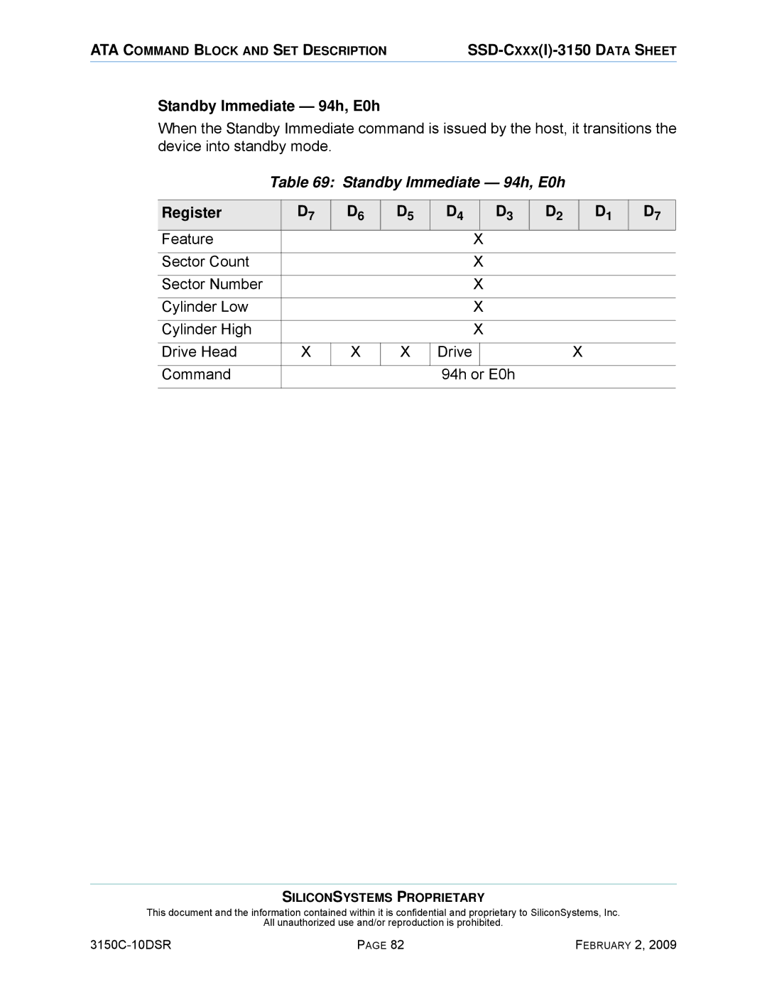 Silicon Image SSD-C08G(I)-3150 manual Standby Immediate 94h, E0h 