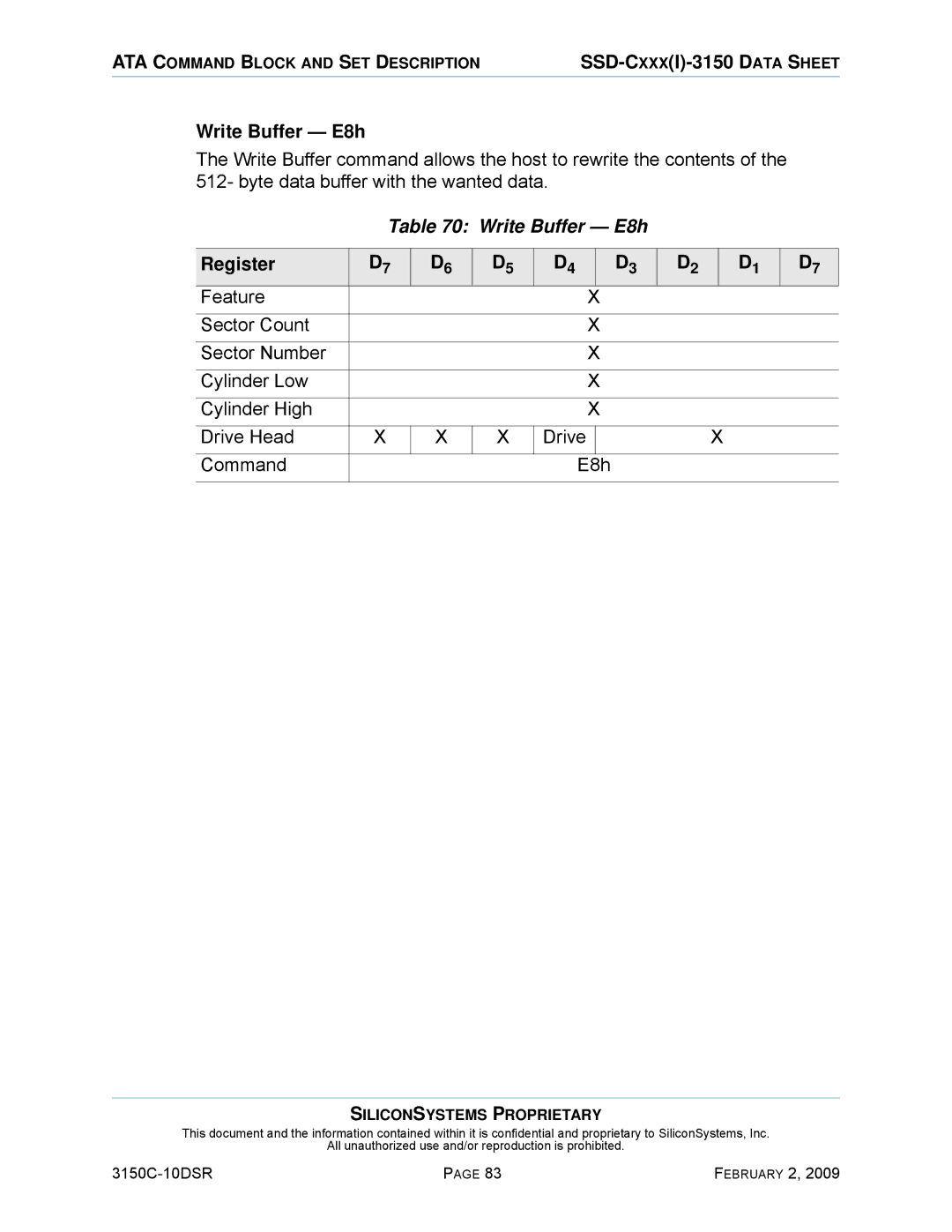 Silicon Image SSD-C08G(I)-3150 manual Write Buffer E8h 