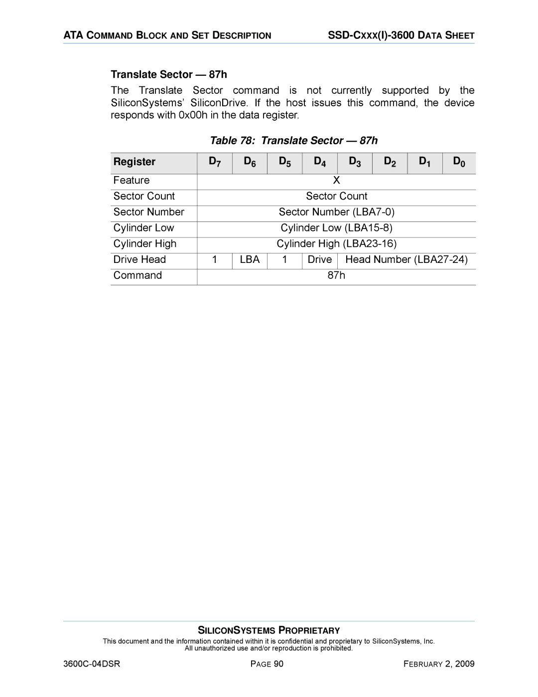 Silicon Image SSD-C08G(I)-3600 manual Translate Sector 87h, Drive Head Number LBA27-24 Command 87h 