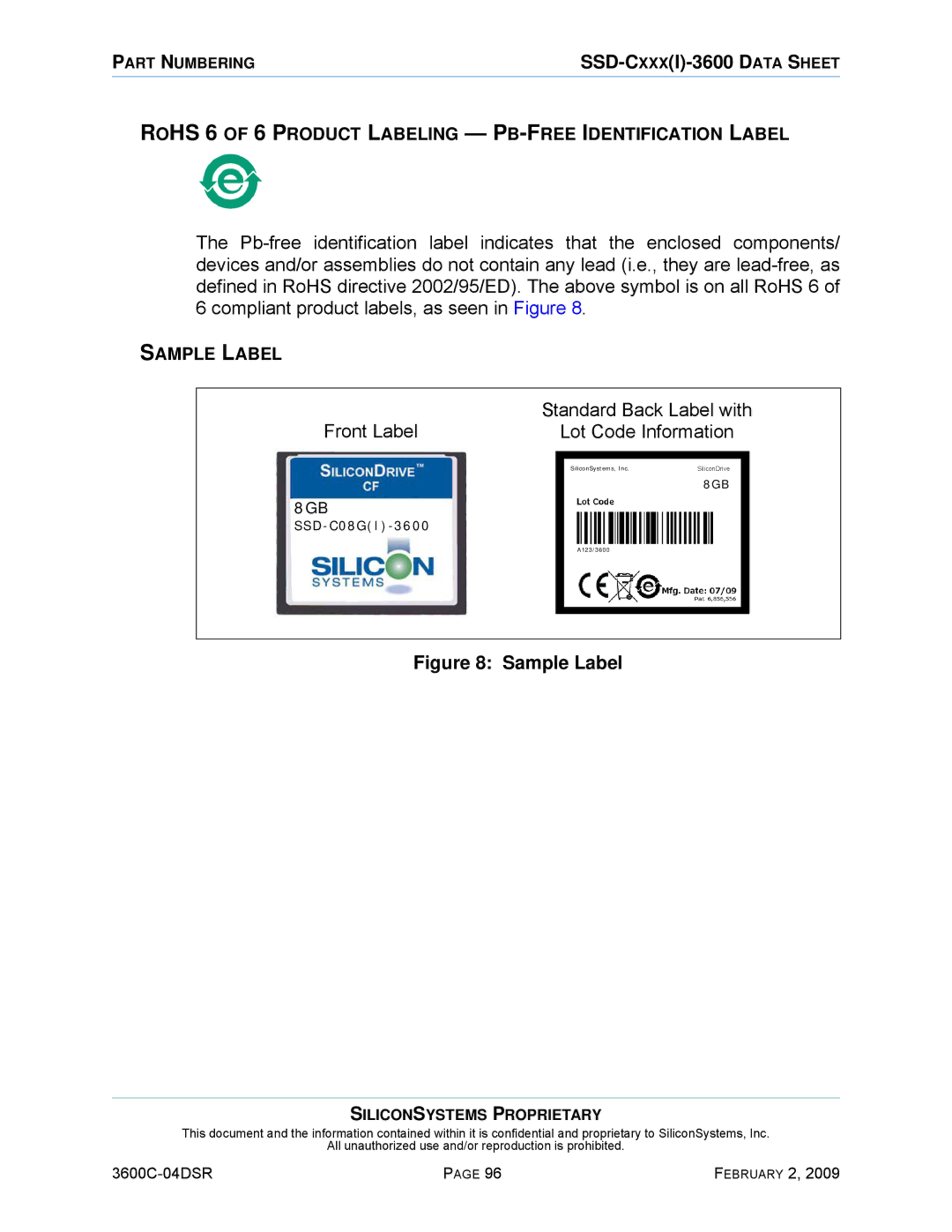 Silicon Image SSD-C08G(I)-3600 manual Front Label Standard Back Label with Lot Code Information, Sample Label 