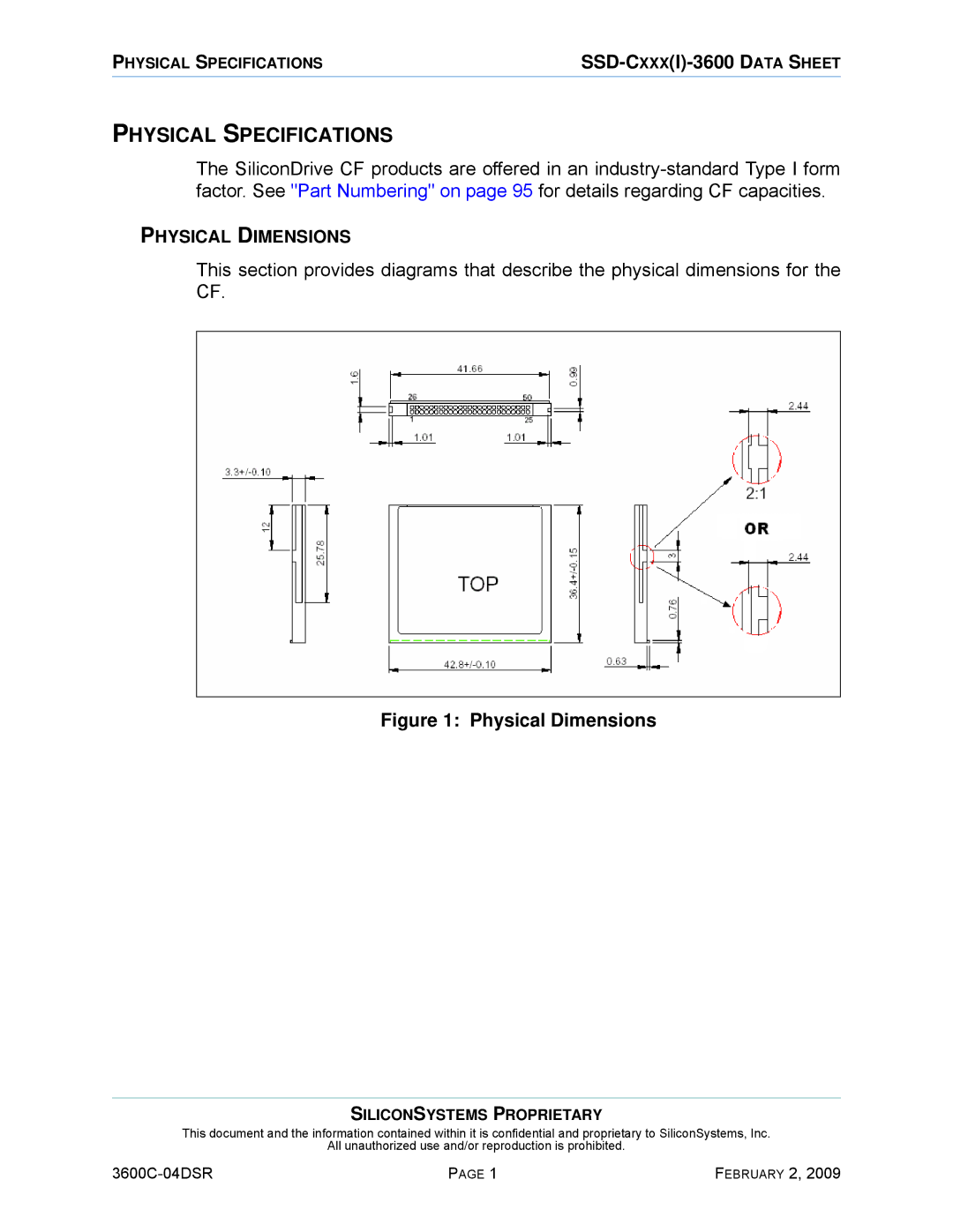 Silicon Image SSD-C08G(I)-3600 manual Physical Specifications, Physical Dimensions 