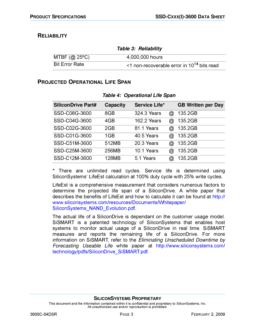 Silicon Image SSD-C08G(I)-3600 manual Reliability, Operational Life Span 