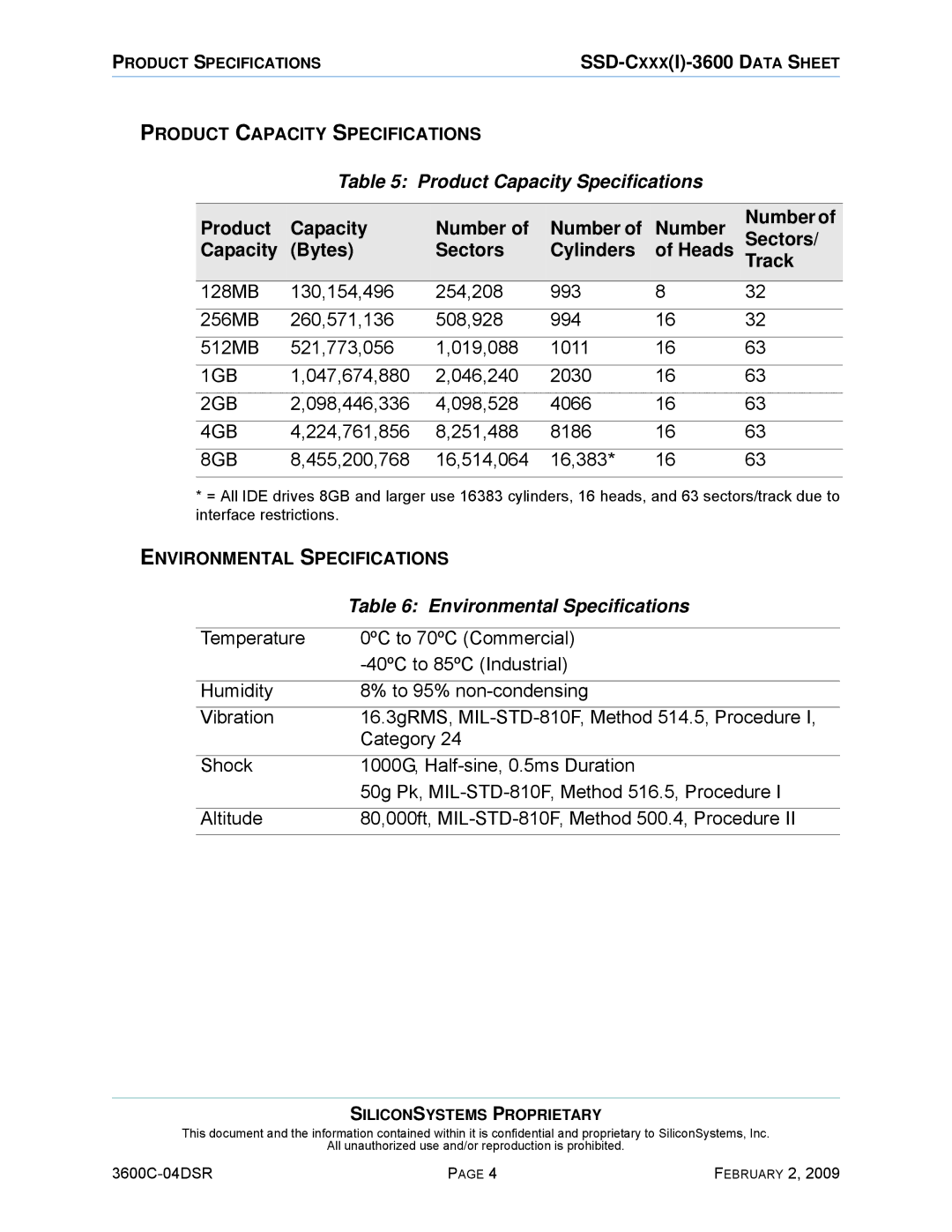 Silicon Image SSD-C08G(I)-3600 manual Product Capacity Specifications, Environmental Specifications 