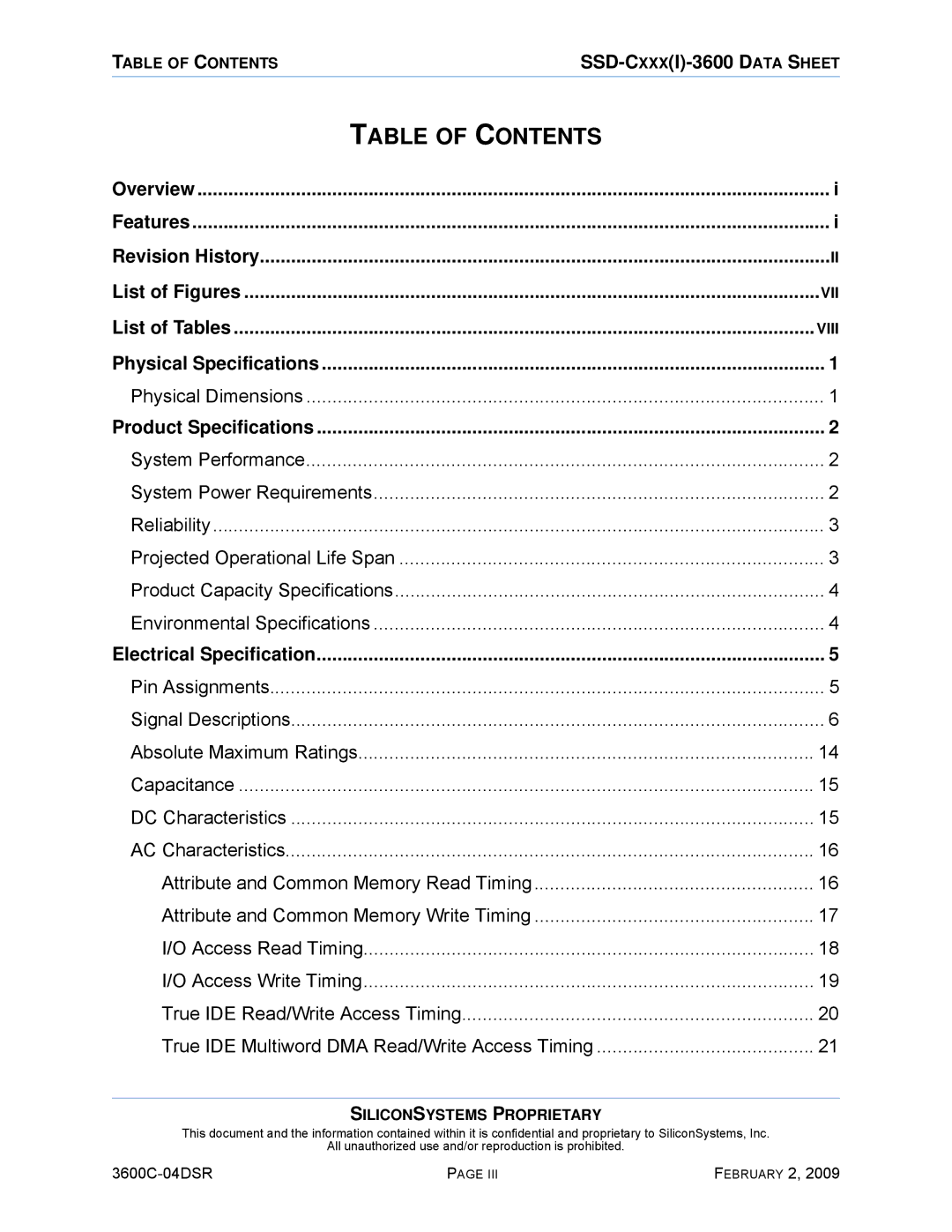 Silicon Image SSD-C08G(I)-3600 manual Table of Contents 