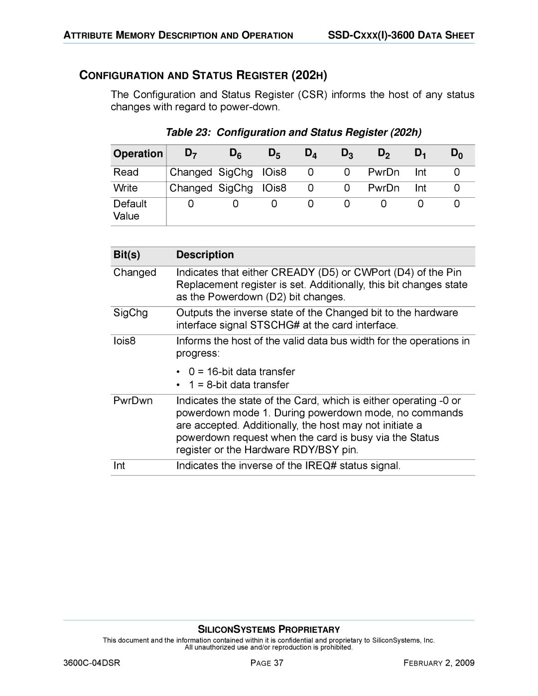 Silicon Image SSD-C08G(I)-3600 manual Configuration and Status Register 202h 