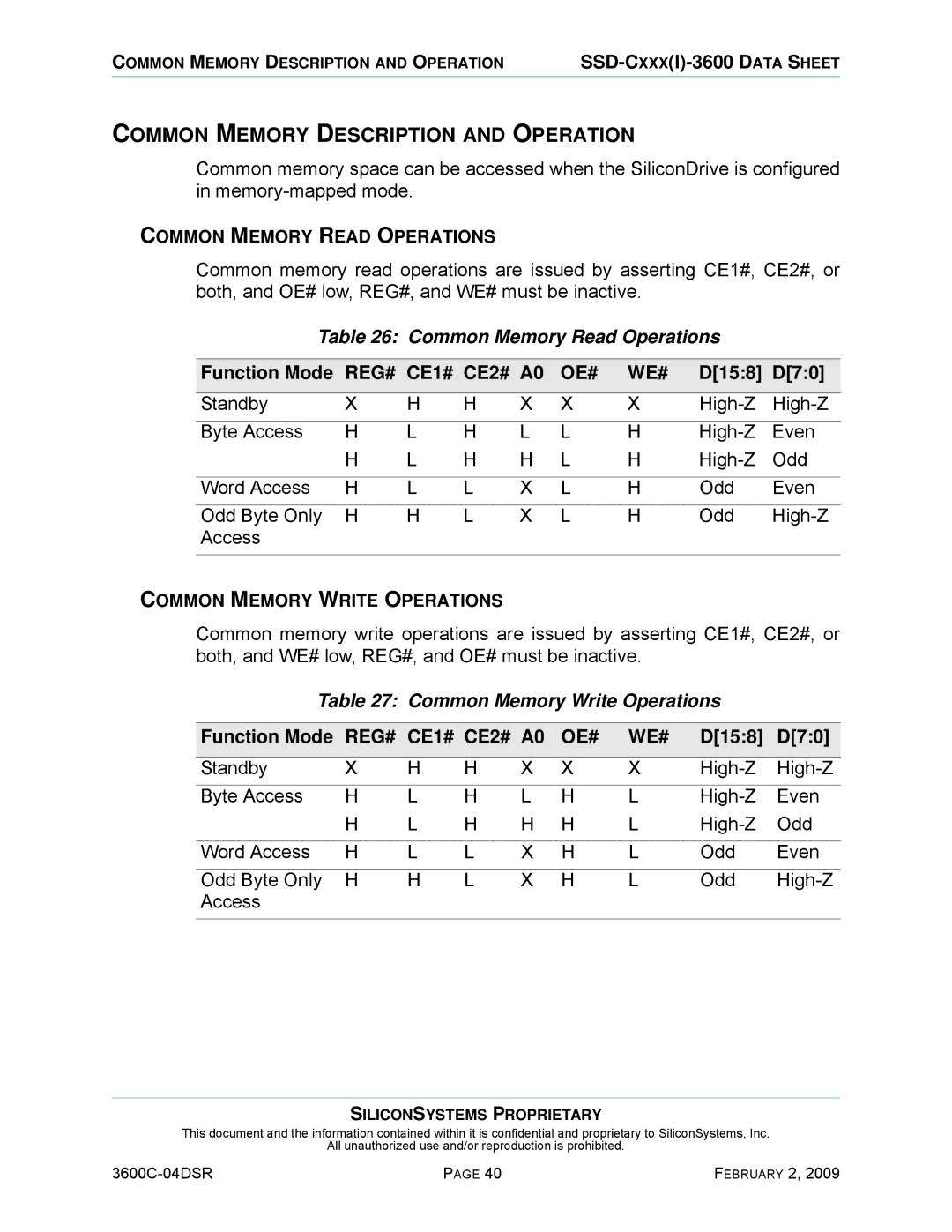 Silicon Image SSD-C08G(I)-3600 manual Common Memory Description and Operation, Common Memory Read Operations 