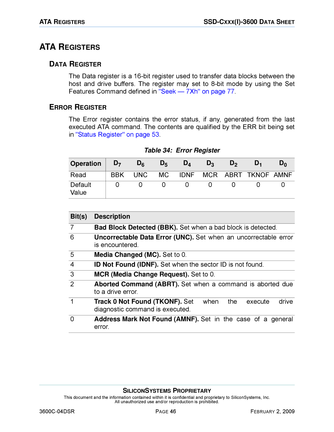 Silicon Image SSD-C08G(I)-3600 ATA Registers, Error Register, Media Changed MC. Set to, MCR Media Change Request. Set to 