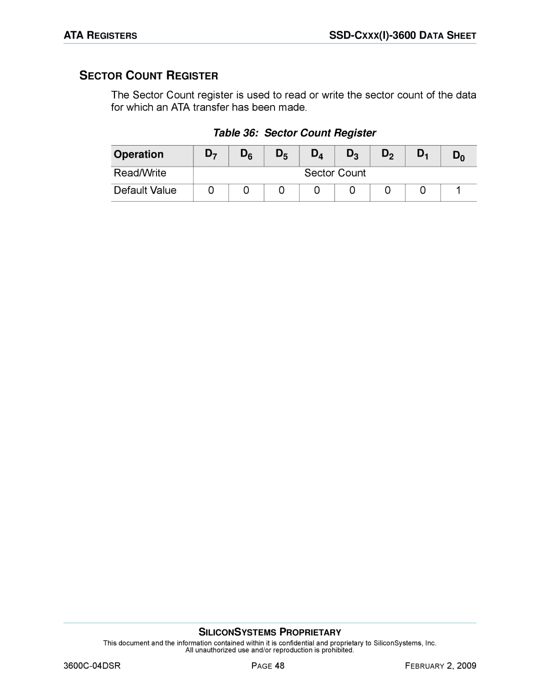 Silicon Image SSD-C08G(I)-3600 manual Sector Count Register, Read/Write Sector Count Default Value 