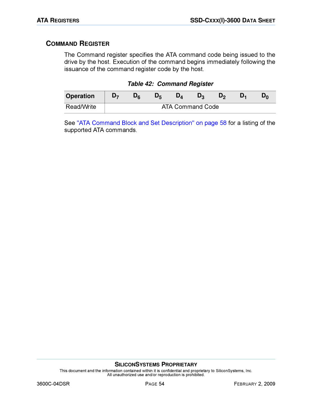 Silicon Image SSD-C08G(I)-3600 manual Command Register, Operation Read/Write ATA Command Code 