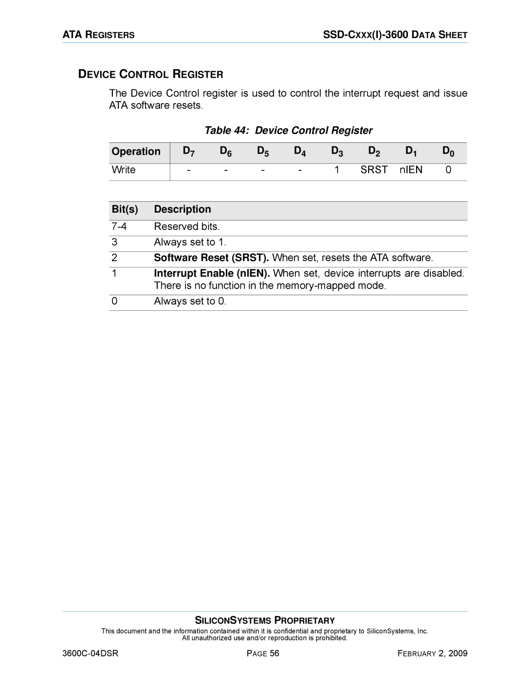 Silicon Image SSD-C08G(I)-3600 manual Device Control Register, Srst, Nien 