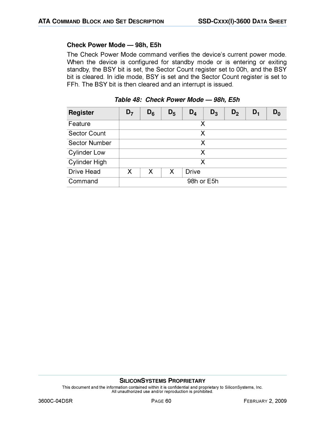 Silicon Image SSD-C08G(I)-3600 manual Check Power Mode 98h, E5h, Register 