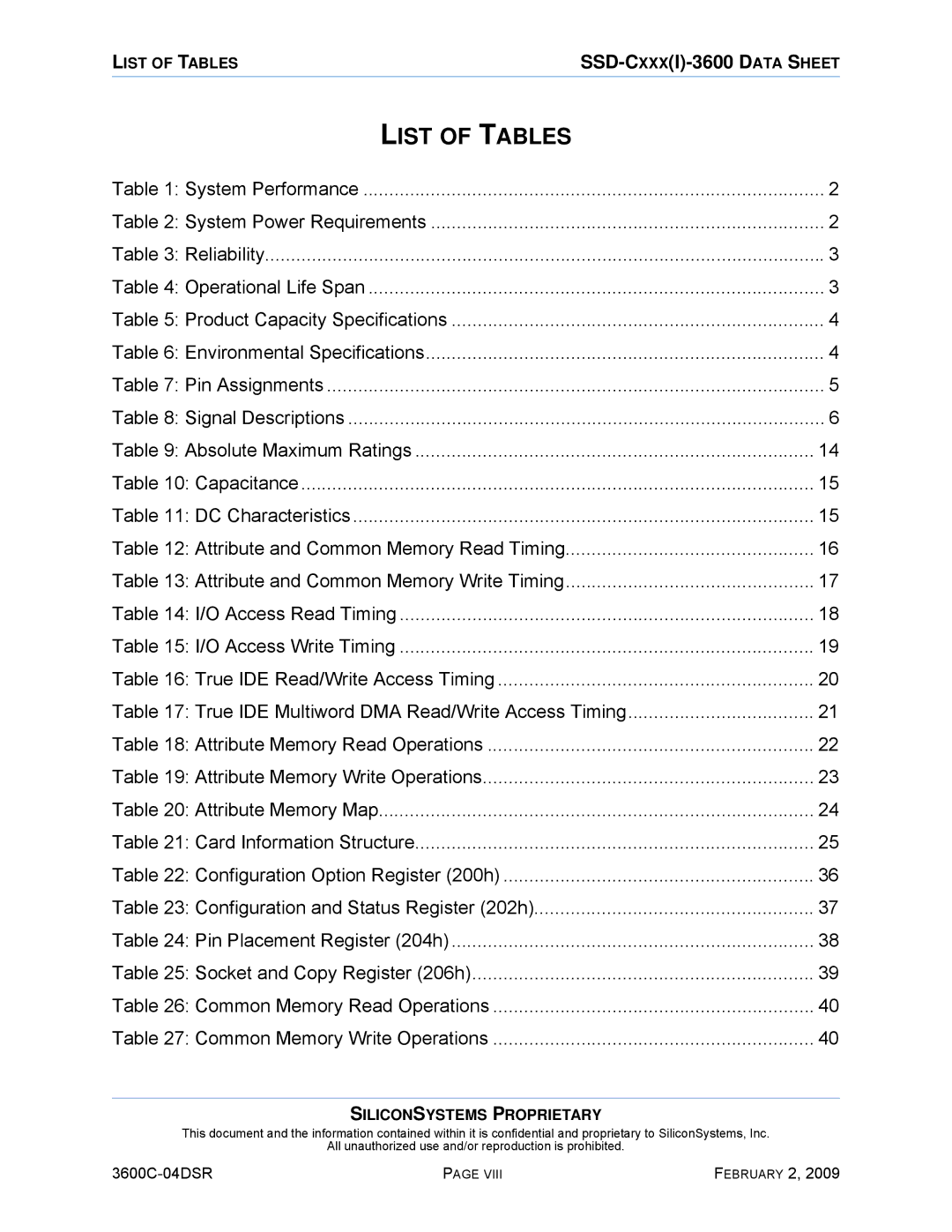 Silicon Image SSD-C08G(I)-3600 manual List of Tables 