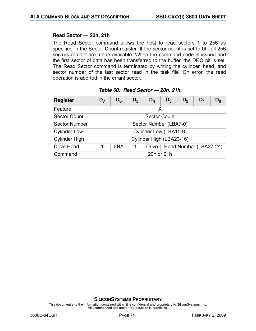 Silicon Image SSD-C08G(I)-3600 manual Read Sector 20h, 21h, Drive Head Number LBA27-24 Command 20h or 21h 