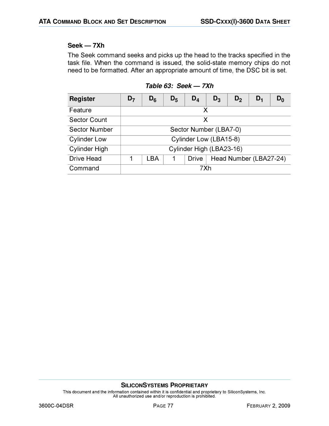 Silicon Image SSD-C08G(I)-3600 manual Seek 7Xh, Drive Head Number LBA27-24 Command 7Xh 