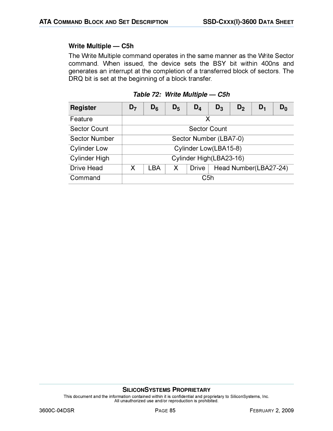 Silicon Image SSD-C08G(I)-3600 manual Write Multiple C5h, Drive Head NumberLBA27-24 Command C5h 