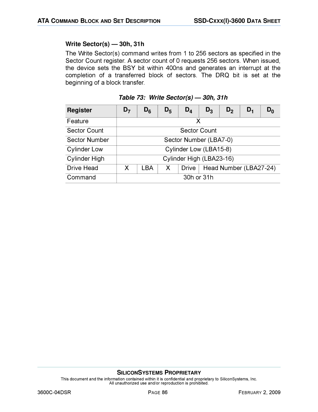 Silicon Image SSD-C08G(I)-3600 manual Write Sectors 30h, 31h, Drive Head Number LBA27-24 Command 30h or 31h 