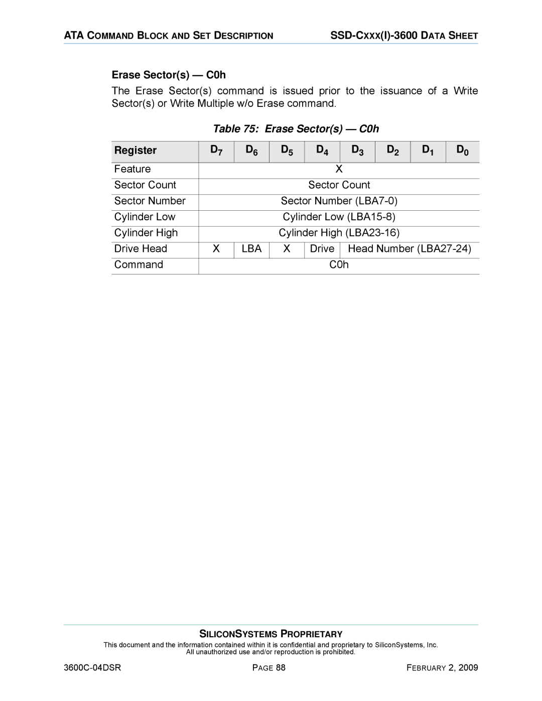 Silicon Image SSD-C08G(I)-3600 manual Erase Sectors C0h, Drive Head Number LBA27-24 Command C0h 