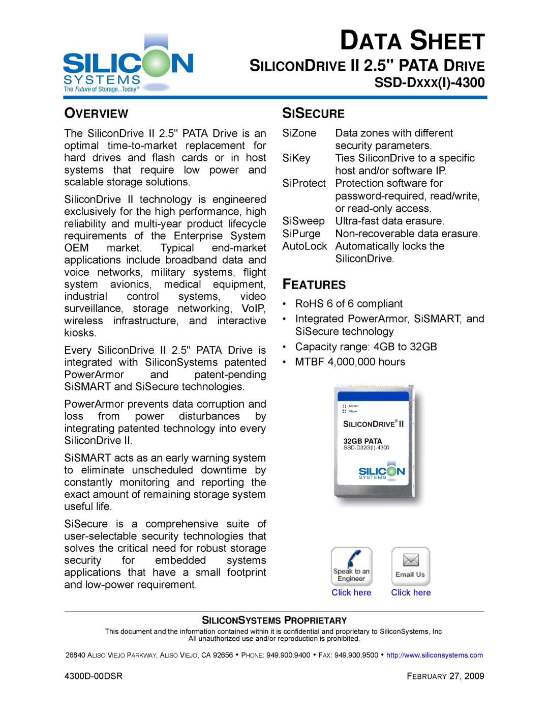 Silicon Image SSD-D32G(I)-4300 manual Overview, Sisecure, Features 