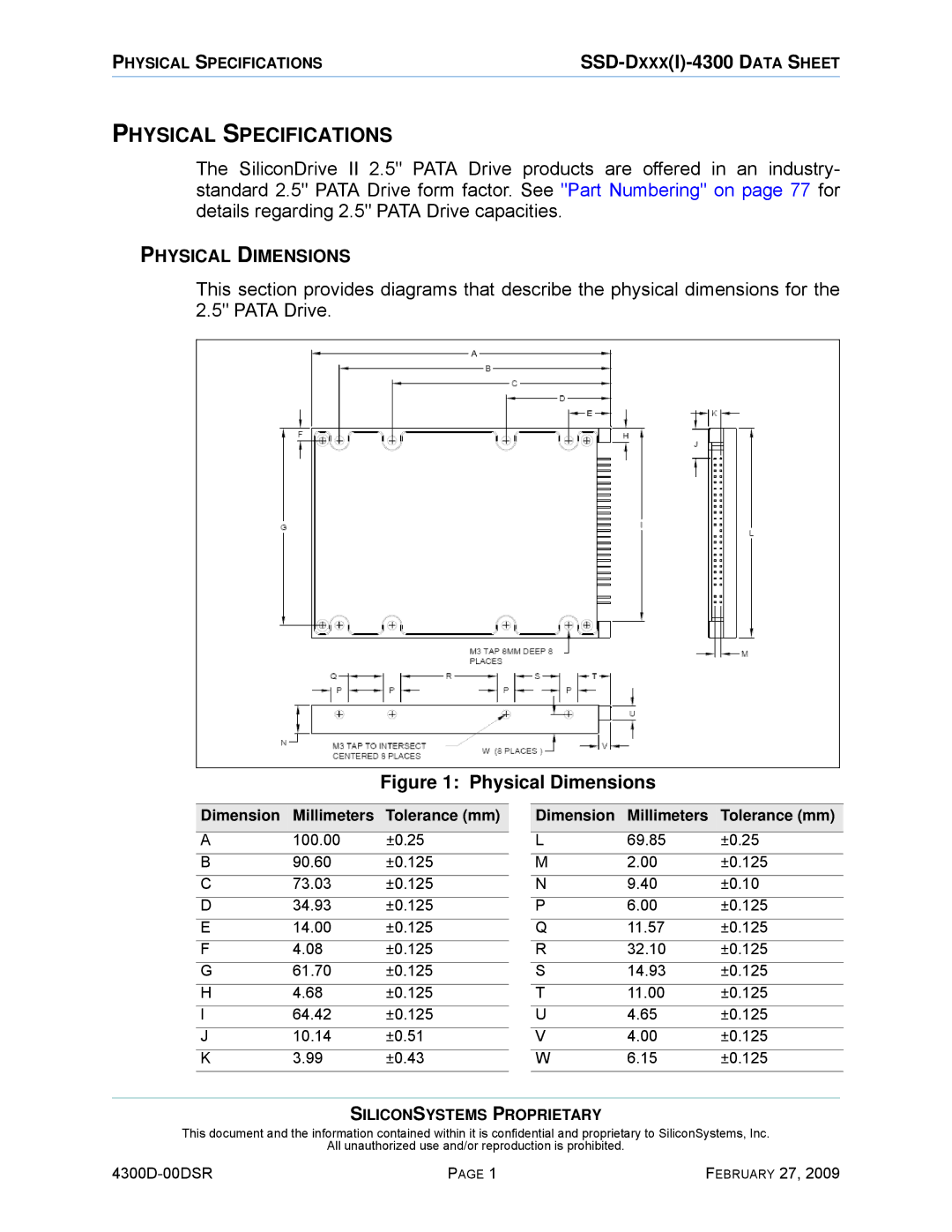 Silicon Image SSD-D32G(I)-4300 manual Physical Specifications, Physical Dimensions 