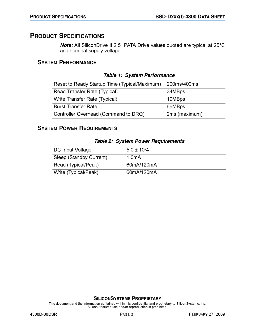 Silicon Image SSD-D32G(I)-4300 manual Product Specifications, System Performance, System Power Requirements 