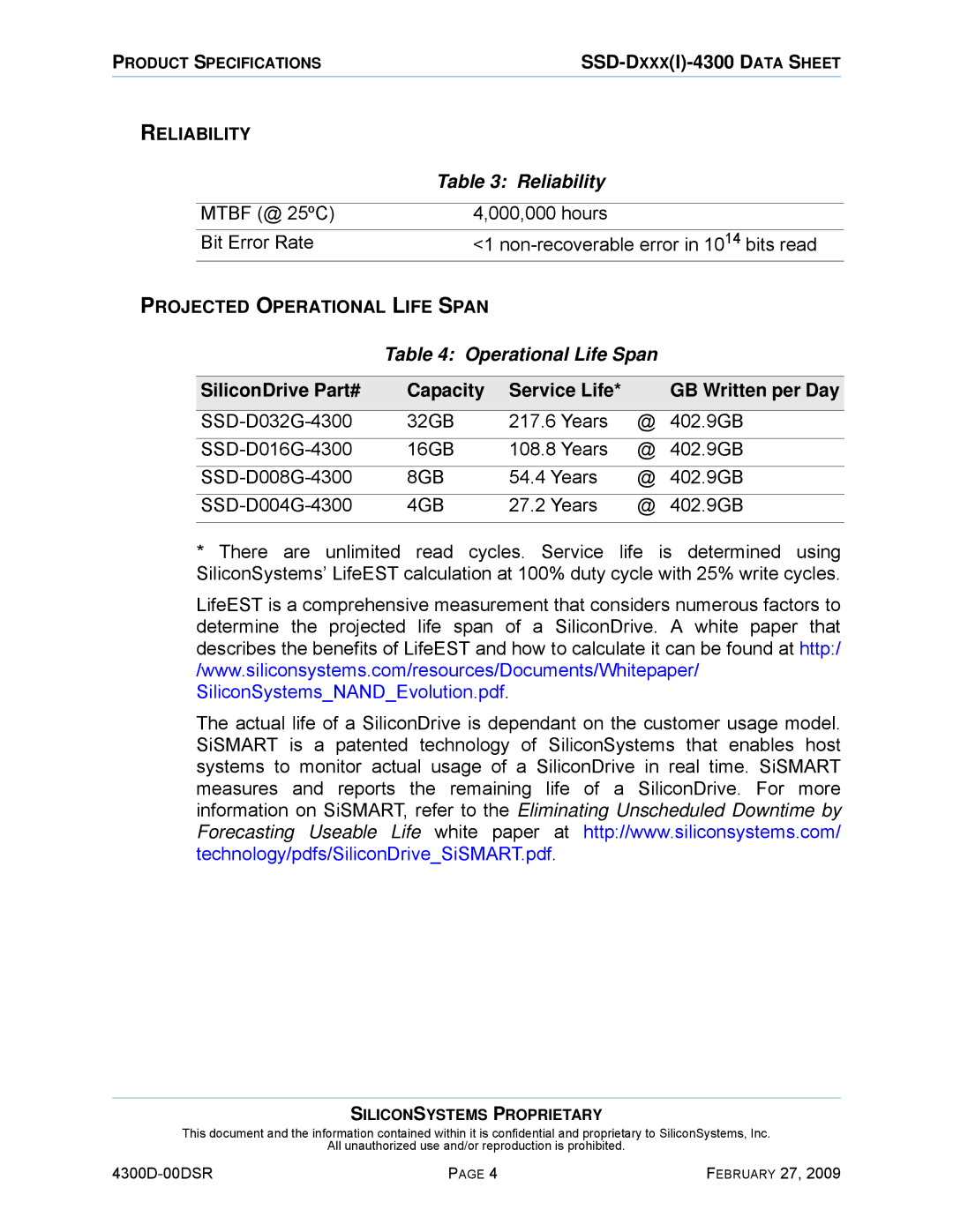 Silicon Image SSD-D32G(I)-4300 manual Reliability, Operational Life Span, Years 402.9GB SSD-D004G-4300 