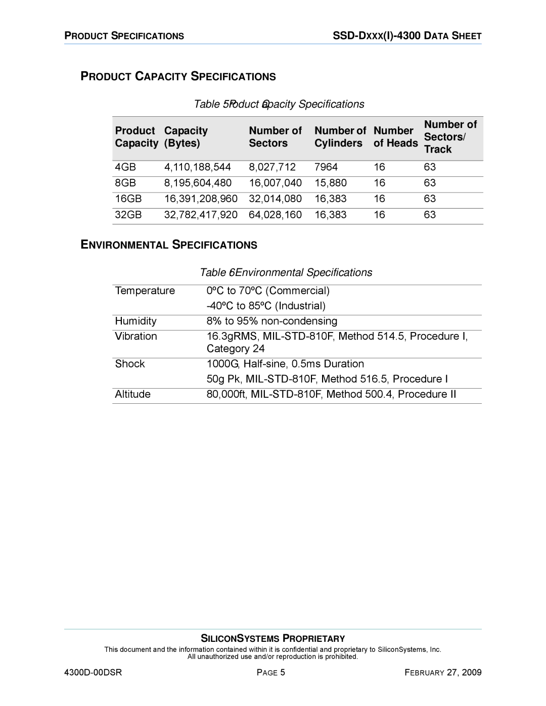 Silicon Image SSD-D32G(I)-4300 manual Product Capacity Specifications, Environmental Specifications 