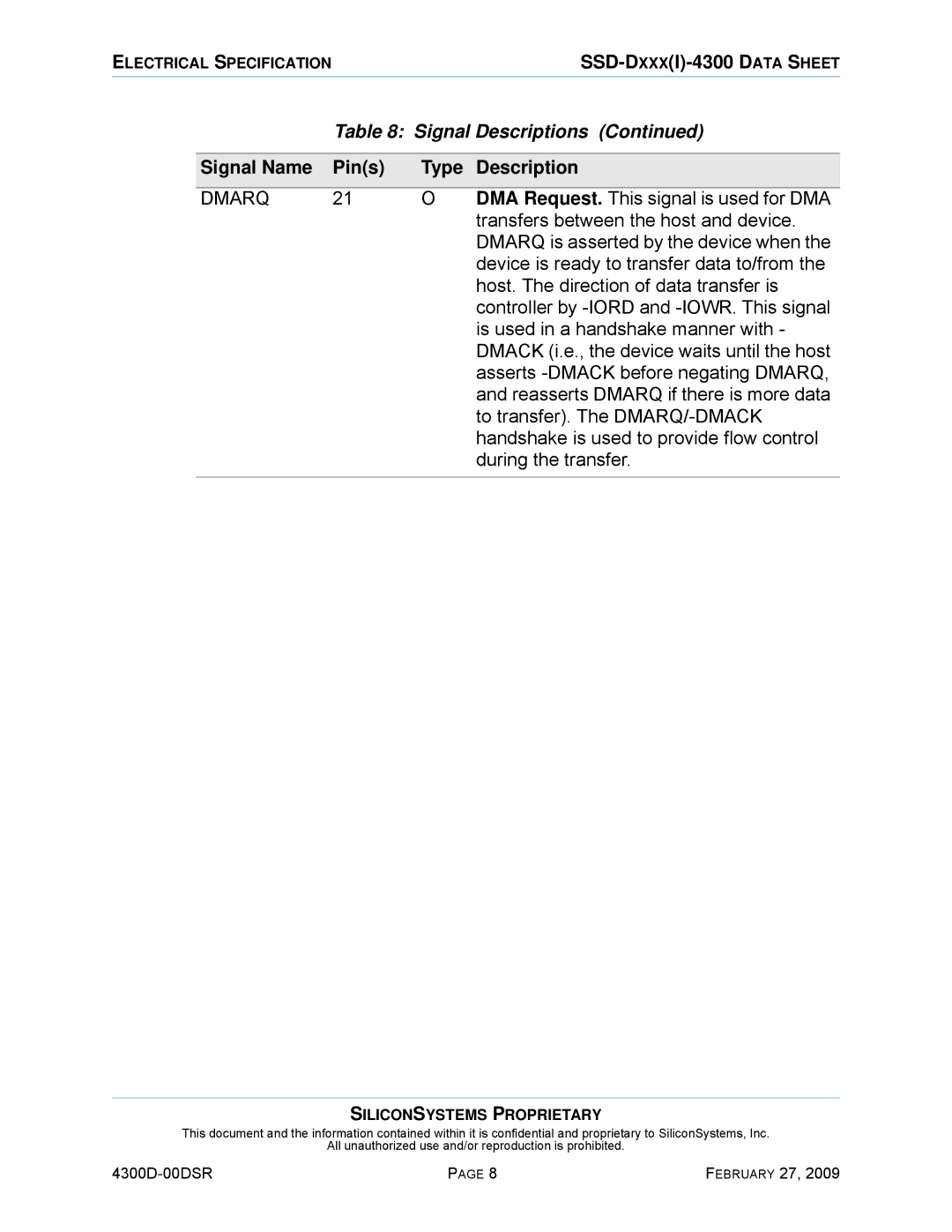 Silicon Image SSD-D32G(I)-4300 manual DMA Request. This signal is used for DMA, Transfers between the host and device 