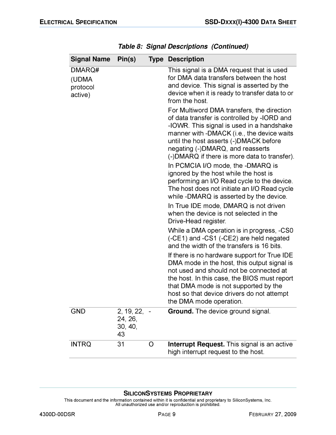 Silicon Image SSD-D32G(I)-4300 manual This signal is a DMA request that is used, For DMA data transfers between the host 